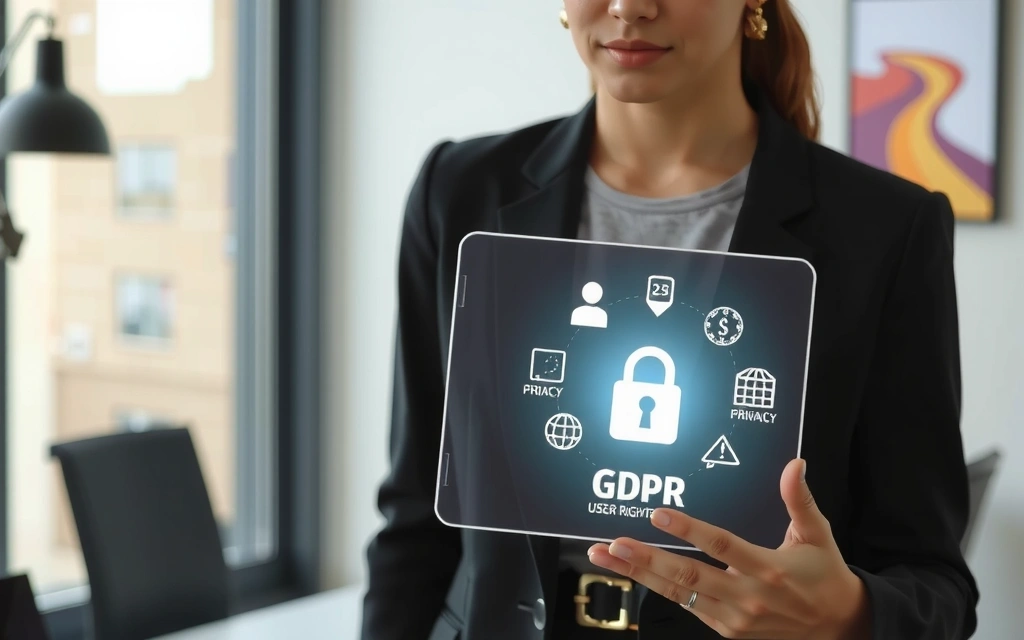 Žena drží digitální tablet se symboly soukromí a práv GDPR