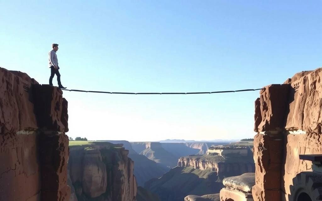 Osoba balancuje na laně, symbolizující omezenou odpovědnost a riziko