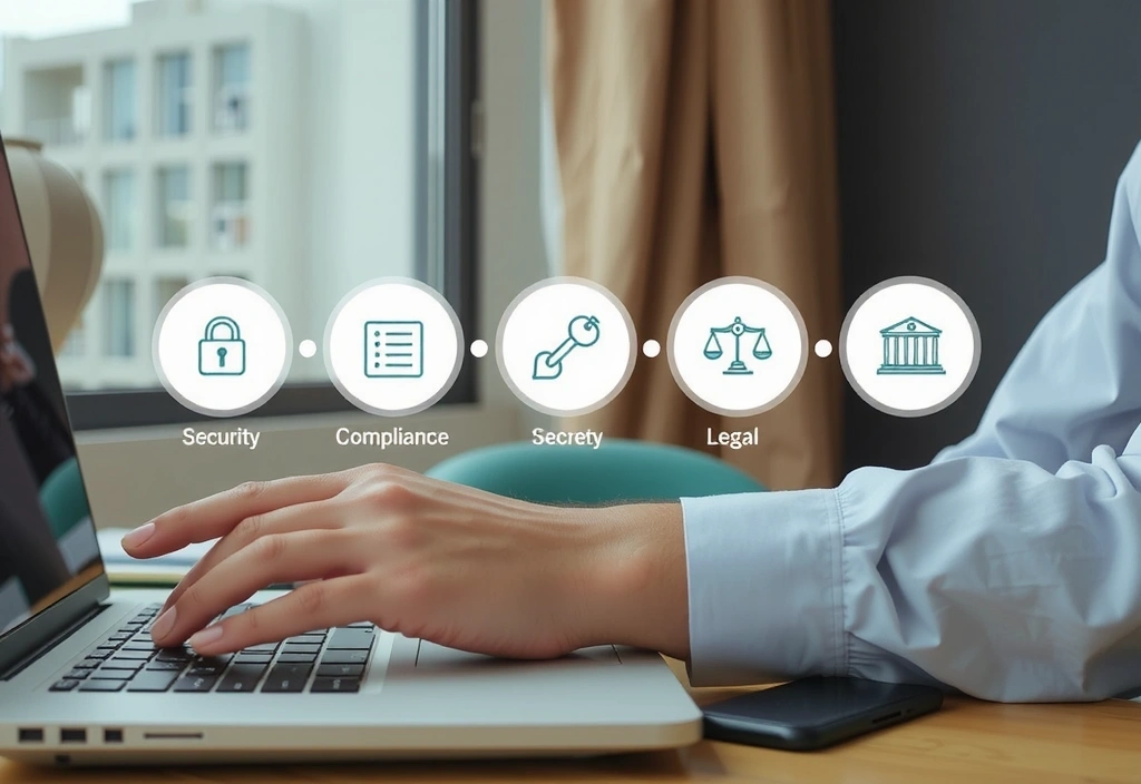 Osoba používá notebook s ikonami zabezpečení a dodržování předpisů