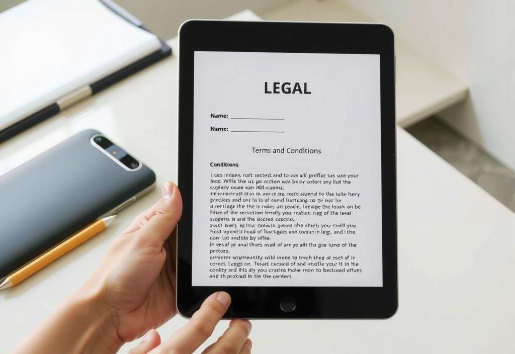 Ruka drží tablet s textem právních podmínek