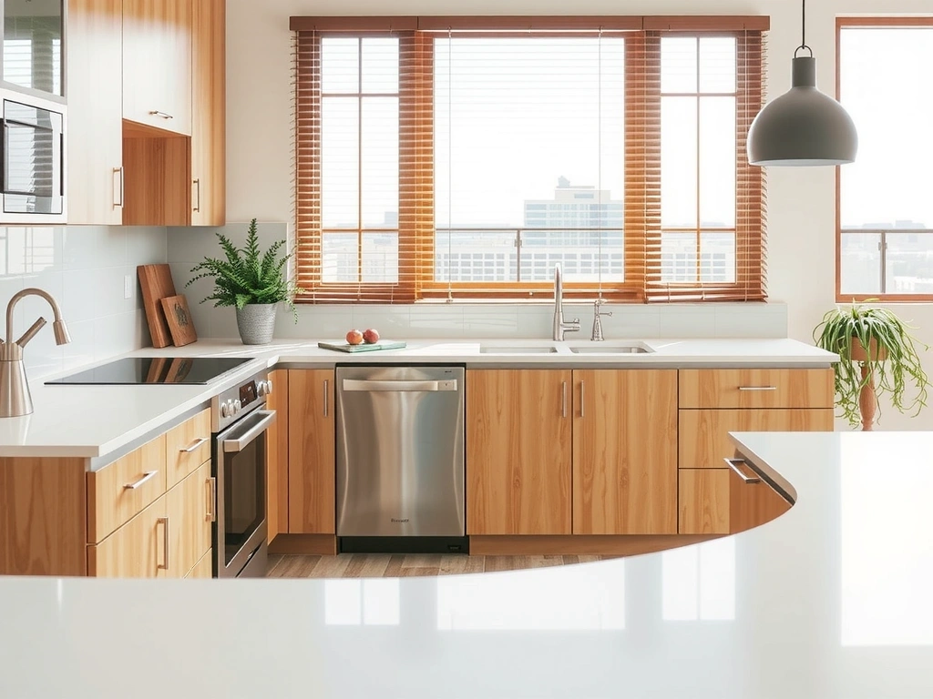 Sparkling clean modern kitchen with stainless steel appliances and fresh flowers