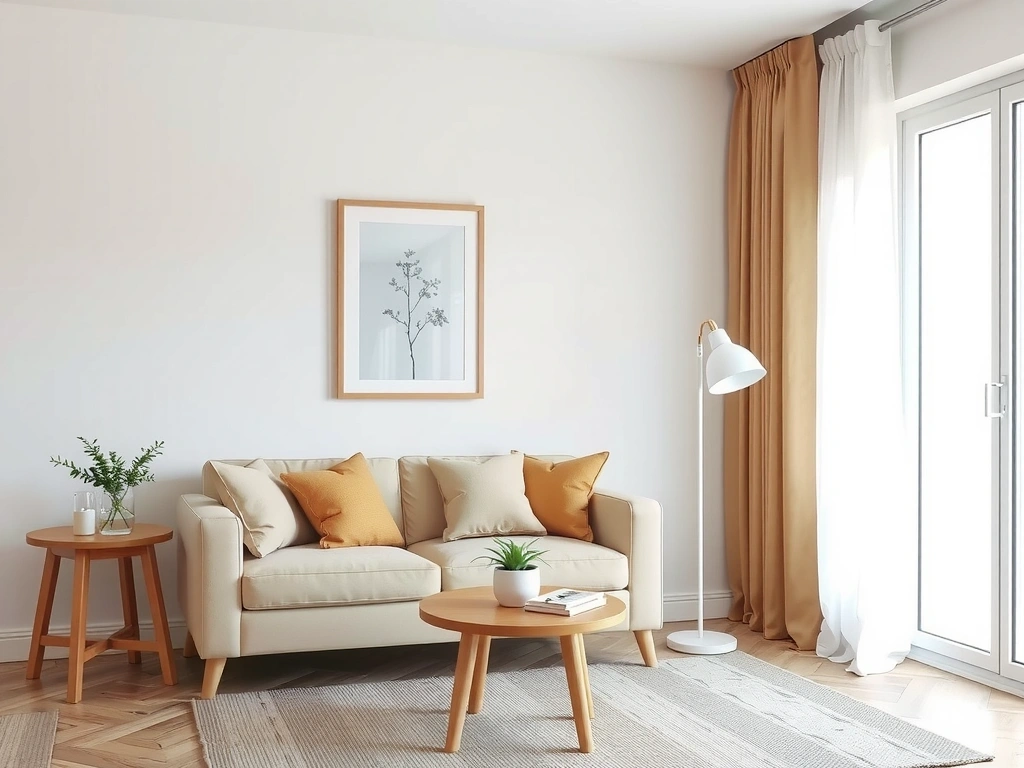 Tidy living room with comfortable sofa and decorative pillows, sunlit
