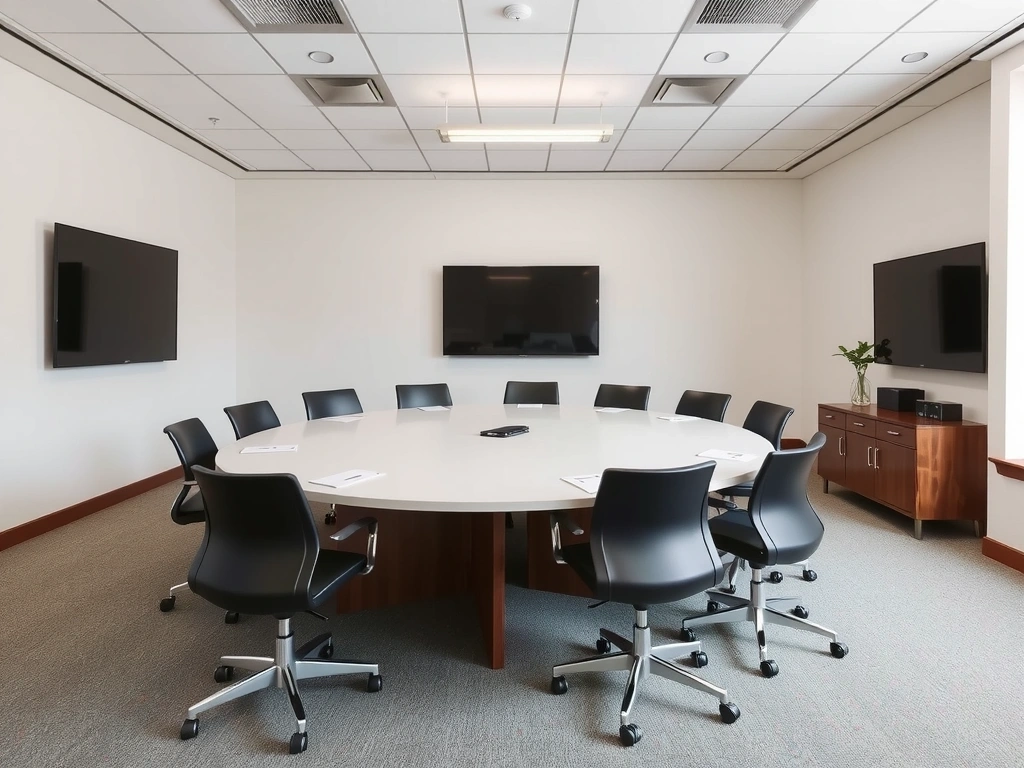 Pohled na bezvadnou konferenční místnost připravenou k použití