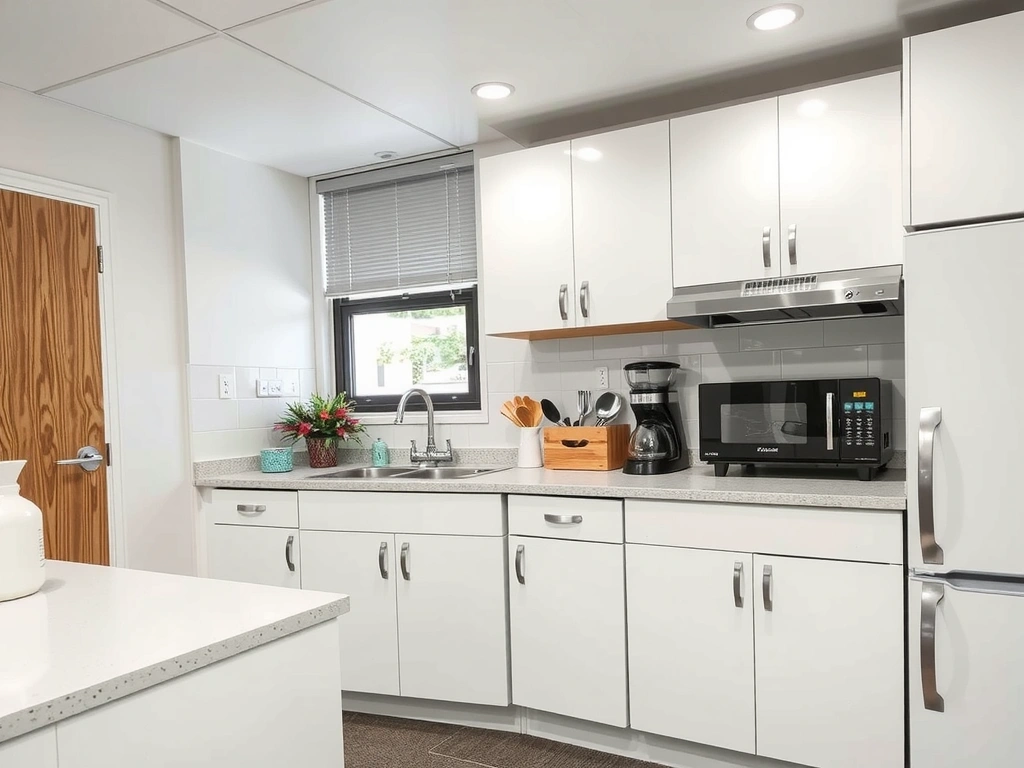 Čistá kuchyňka v kanceláři s lesklými povrchy a uspořádaným nádobím