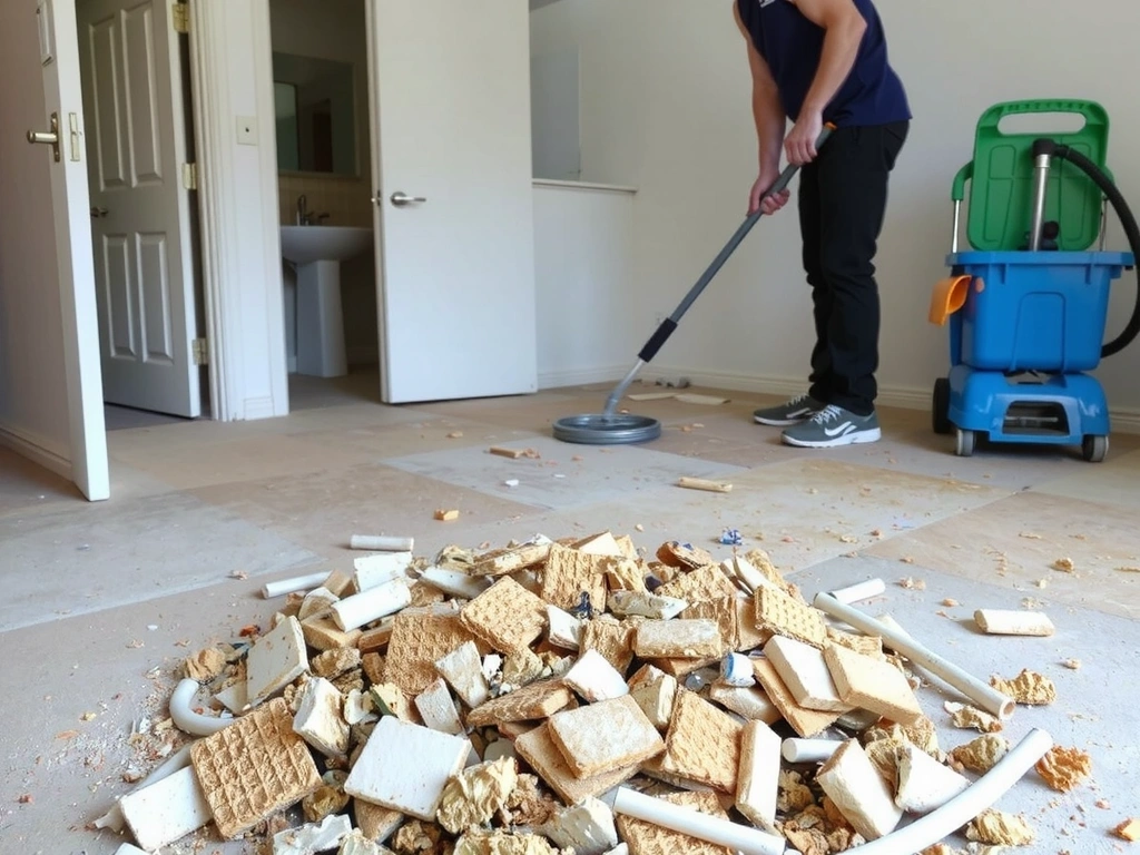 Odstranění stavební sutě z podlahy v nově zrekonstruované místnosti, s čistícím zařízením v pozadí.