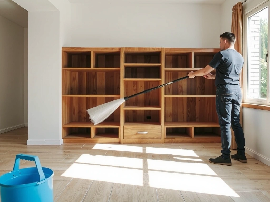 Pracovník CleanSolutions pečlivě utírá prach z nově instalovaného dřevěného nábytku po rekonstrukci.