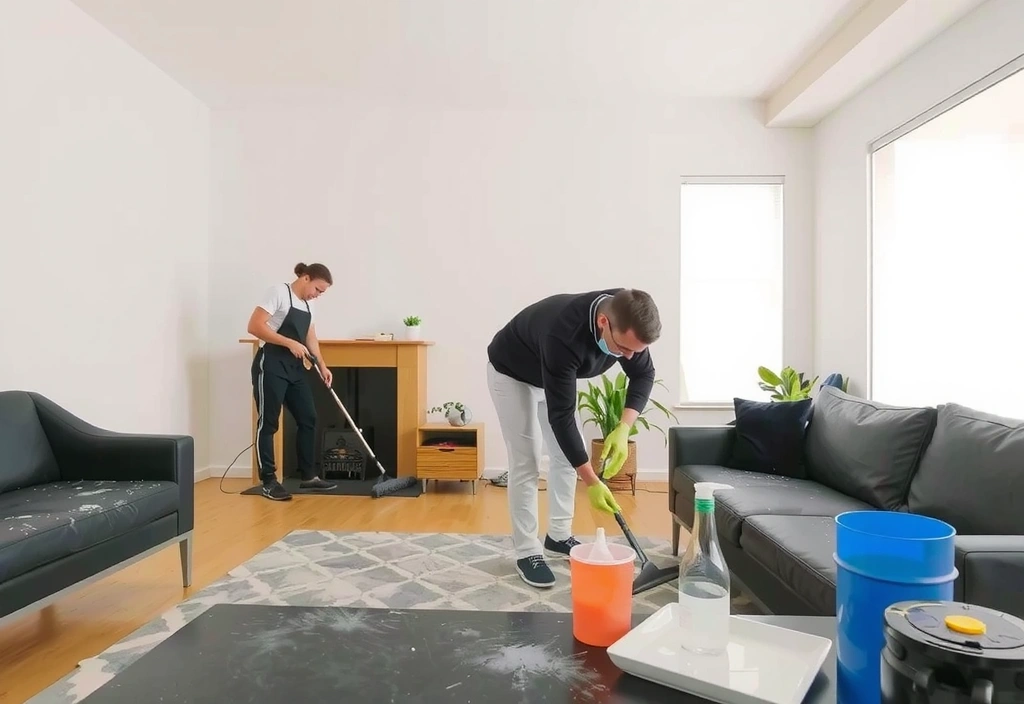 Tým CleanSolutions odstraňuje prach z nábytku v nově zrekonstruovaném bytě.