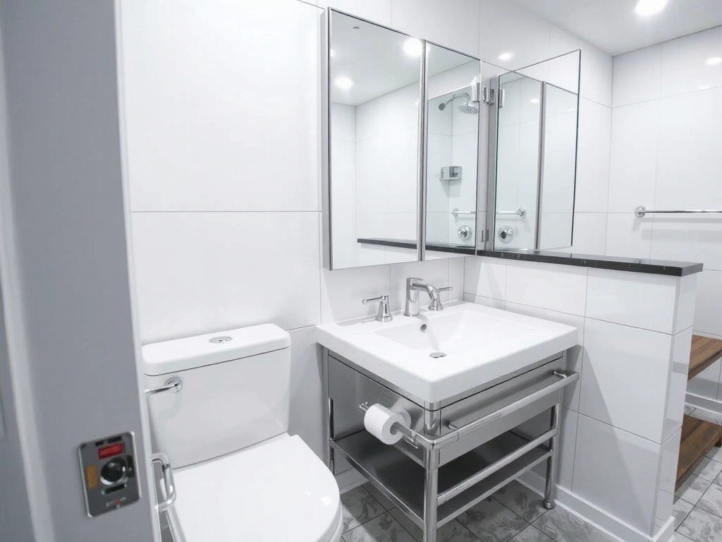 Zářivě čistá koupelna po rekonstrukci, s lesklými dlaždicemi a zrcadly, bez šmouh.