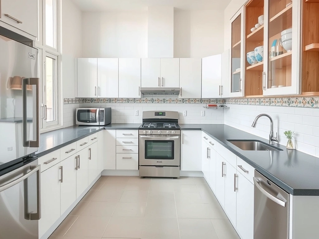 Čistá nově zrekonstruovaná kuchyně s lesklými povrchy a moderními spotřebiči, bez prachu a nečistot.