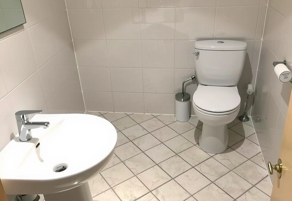 Čistá koupelna s lesklými dlaždicemi a sanitárním zařízením po úklidu.